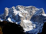 
The enormous steep south face of Gauri Shankar suddenly towered over us along the trail from Dongang Kharka to the trail from the Daldung La on the way to Beding.
